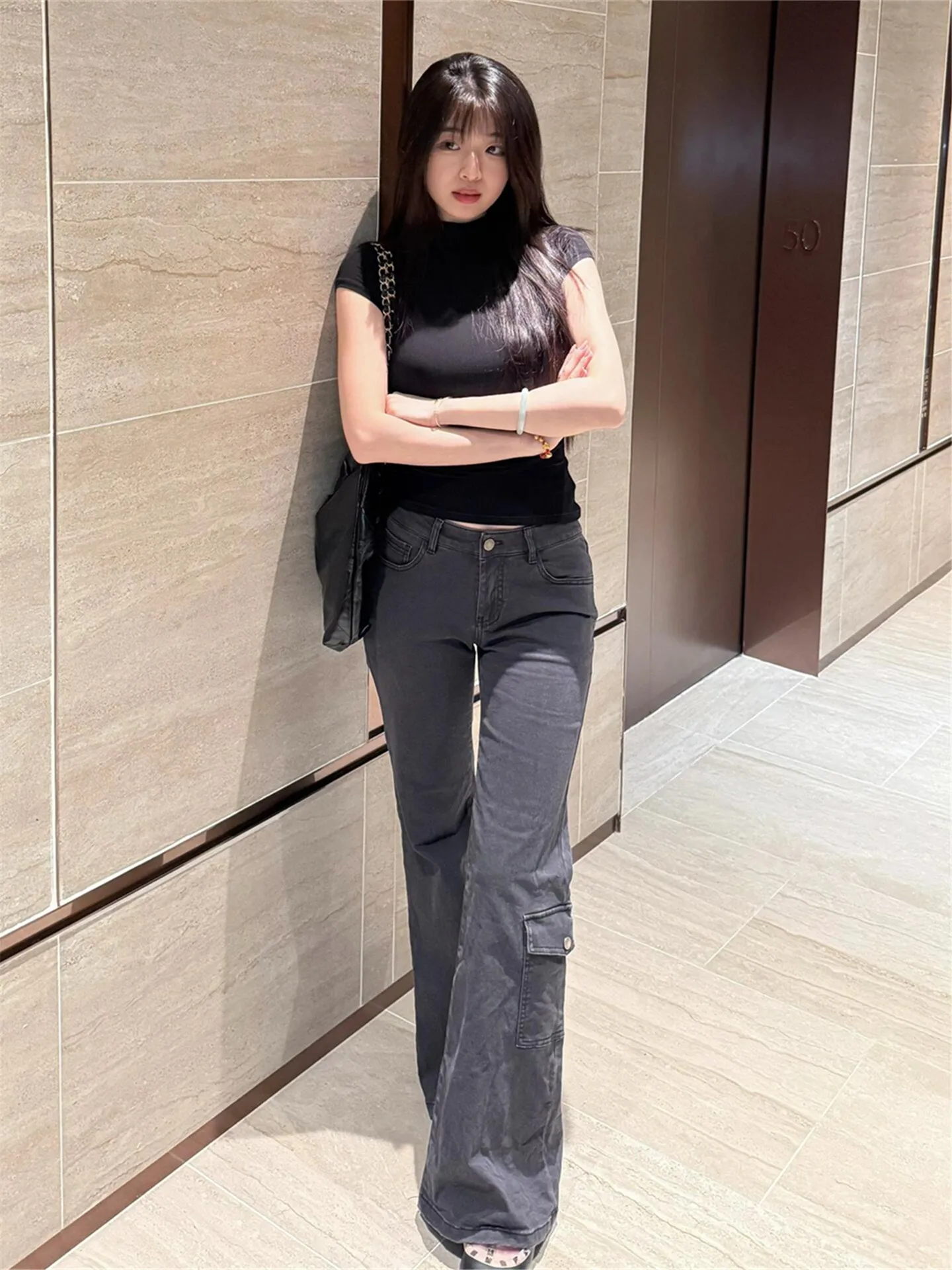 

Tall Women's Grey Low Waist Workwear Denim Jeans Spring Autumn Slimming Multiple Pockets Extended Length Flared Pants