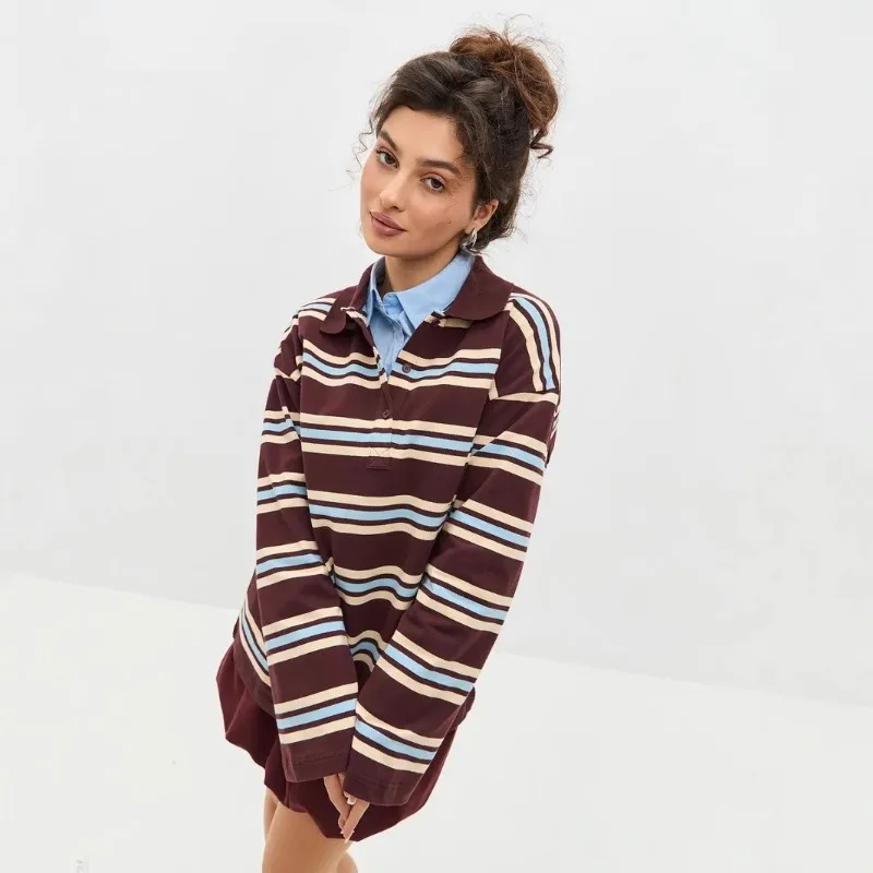 

Korean Fashion Long Sleeved Striped T-shirt Women's Spring and Summer New Item Polo Collar Loose Trendy Retro Base Top