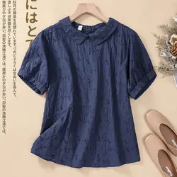 Koreaanse Mode Zomer Nieuwe Dames Peter Pan Kraag Uitgehold Effen Kleur Jacquard Geweven Zoete Losse Korte Mouwen Shirts Tops