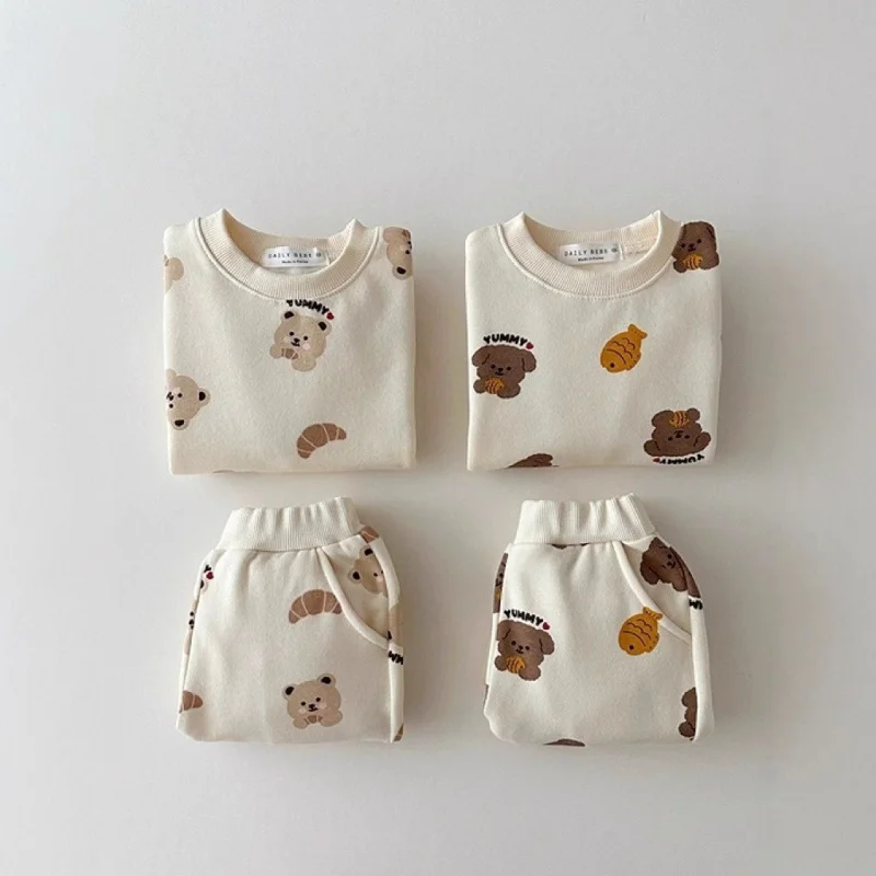 

New Bear Print Round Neck Sweatshirt Long Pants Long Sleeve Set Spring and Autumn Boys and Girls Baby Children Two-Piece Set