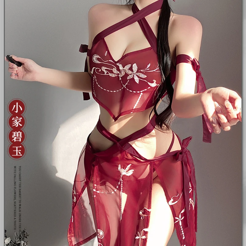 Rosso Sexy antico Hanfu Outfit Halter prospettiva tradizionale cinese abbigliamento donna fasciatura ricamo pancia tasca gonna Set