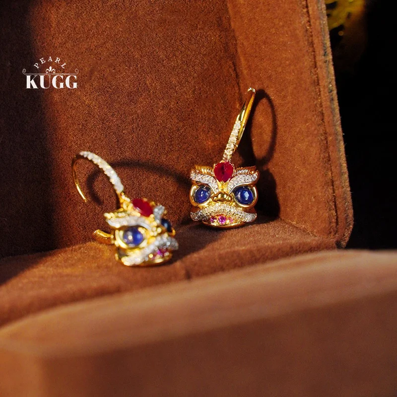 

KUGG 18K Yellow Gold Earrings Fashion Awaken Lion Shape Ethnic Style Real Natural Gemstone Hoop Earrings for Women Party Jewelry