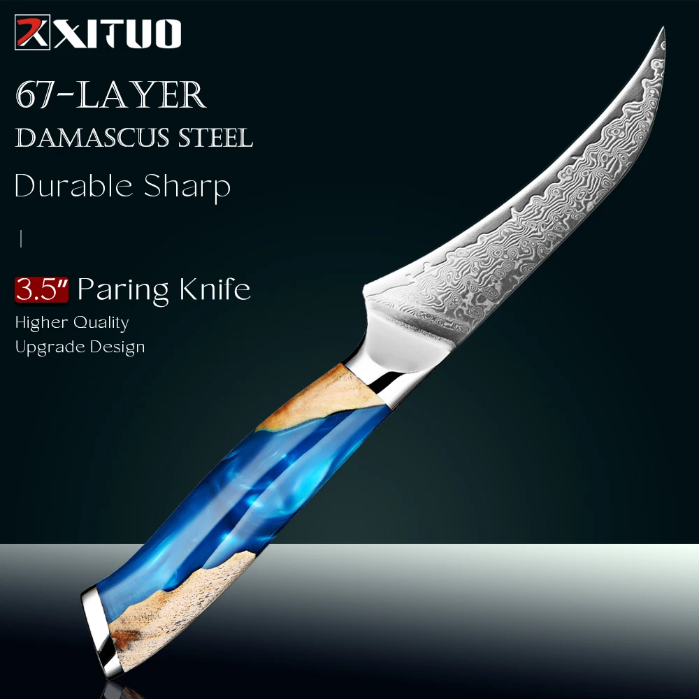 

Damascus Paring Knife 3.5 Inch Damascus Steel Curving Blade Sharp Fruit Peeling Knife for Slicing and Peeling Resin wood Handle