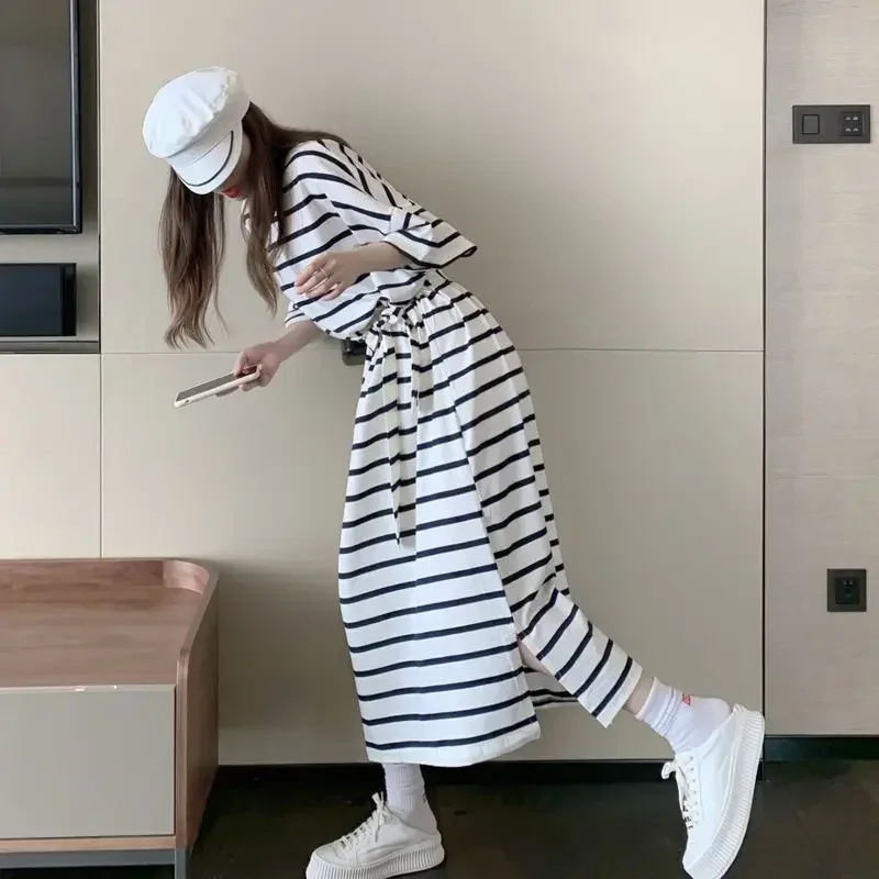 

Платье женское нежное Vestidos праздничная одежда туника в полоску с коротким рукавом универсальное корейское стильное модное повседневное праздничное летнее платье до середины икры