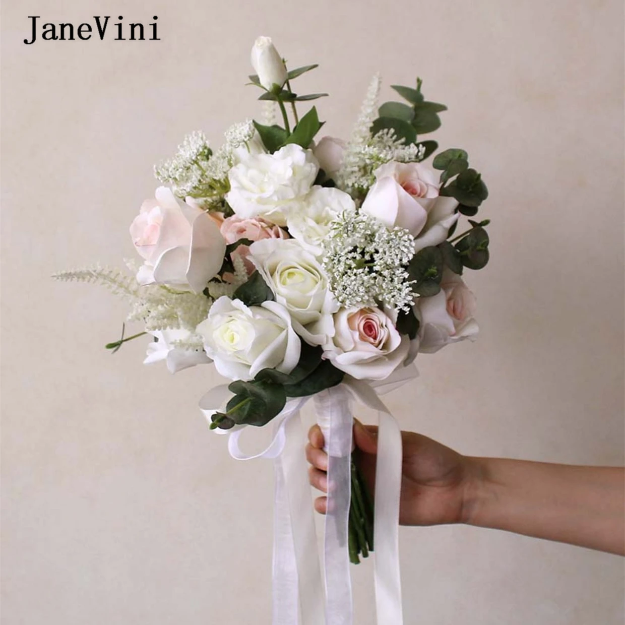 

JaneVini Elegant Pink Flowers Bridal Bouquets Artificial Silk Roses Real Touch Fake Bouquet Bride Bridesmaid Wedding Accessories