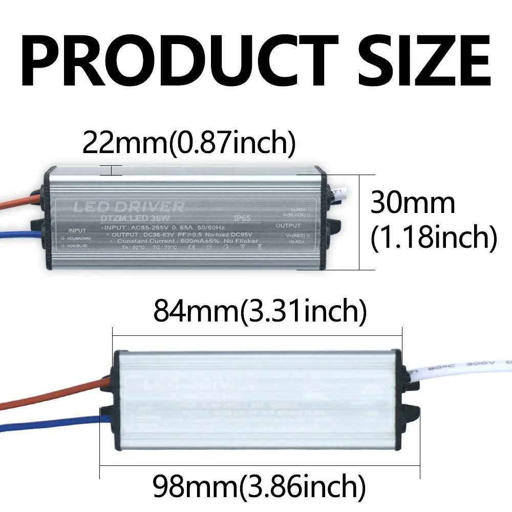 LED Driver 600mA 36W For LEDs Power Supply  AC85-265V Lighting Transformers For Outdoor waterproof Output 36-65V