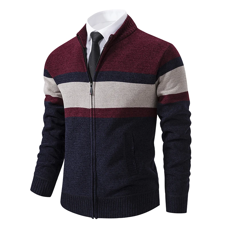 New Mens Thickened Sweater Coat Fleece Cardigan Contrast Stand Collar Sweaters Coat Autumn Winter Velvet Clothes