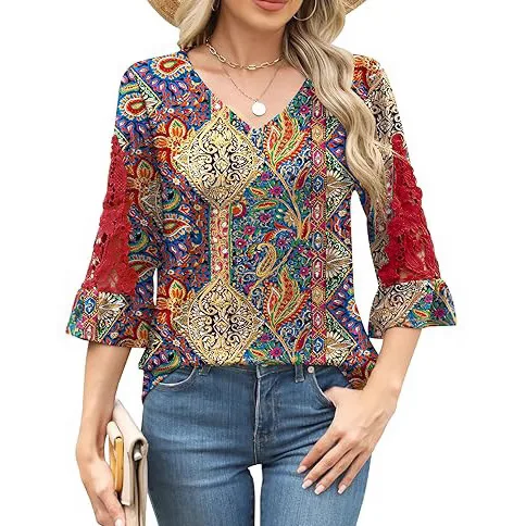 

2025 Summer Women's T-shirt Lace Ruffled Sleeves T-shirt V-neck Fashion Comfortable Casual Printed Bouquet Top