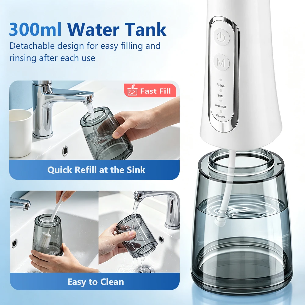Munddusche mit 4 Modi & IPX7 Wasserdicht, 300ml Kabellose Munddusche 360 ° Düse, wiederaufladbarer Dental-Wasserstrahl für Zuhause und Reisen – Detail 6