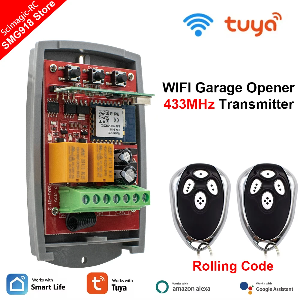 Smart Garage Controller Opener WiFi Universal 433mhz Gate Door Control 2CH Switch Receiver Tuya Relay with Rolling Code RF Alexa