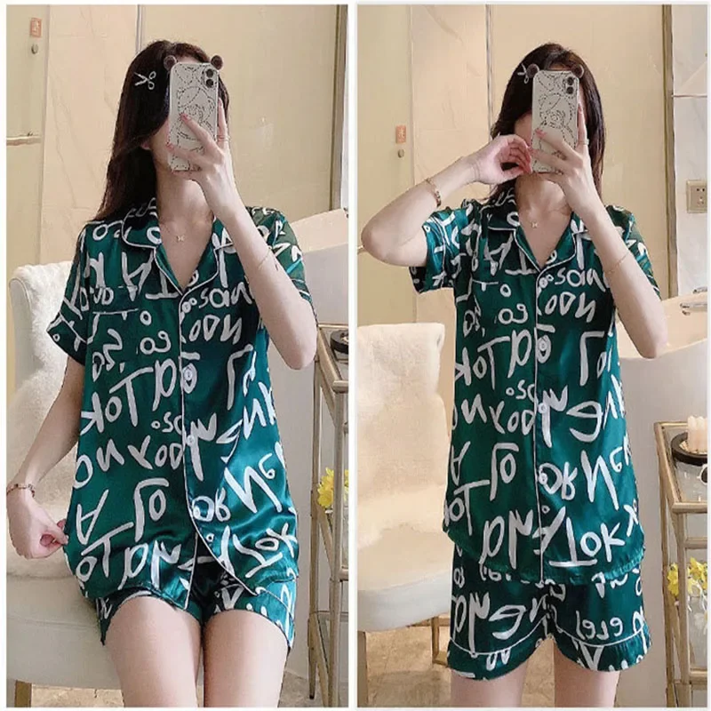 بيجامة نسائية كبيرة الحجم من الحرير الجليدي بأكمام قصيرة سترة ملابس نوم للطلاب مع ملابس منزلية مطبوعة بأحرف