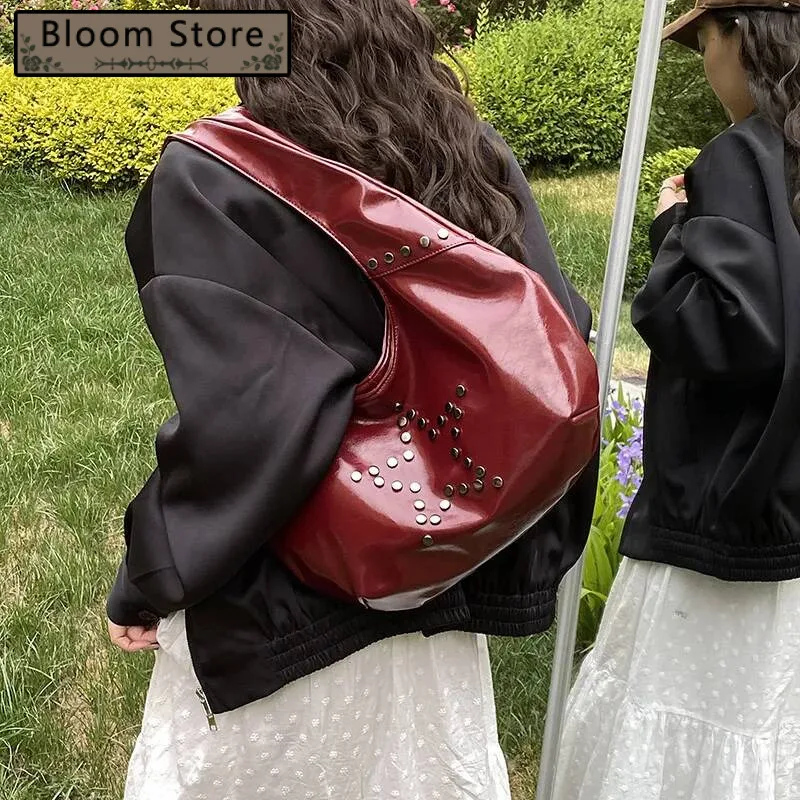 

Y2k Grunge Star Beading Red Underarm Women Rivet Leather Large Capacity Handbag Hobos Bag Ladies Casual Shoulder Bags New