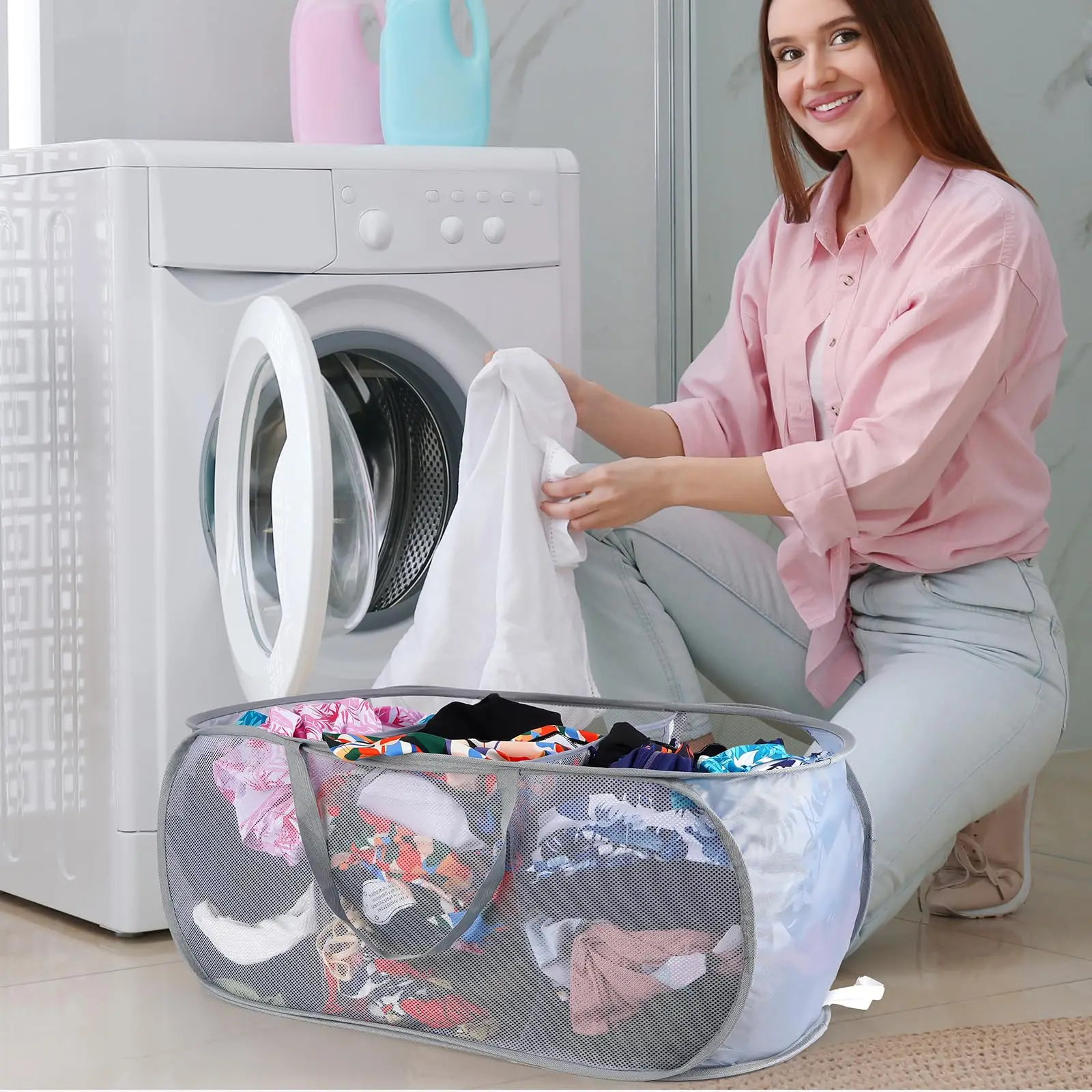 Pop Up Laundry Hamper, 3 Compartments Popup Mesh Hamper with Handles, Space Saving Foldable Laundry Basket Laundry Room Travel images - 6