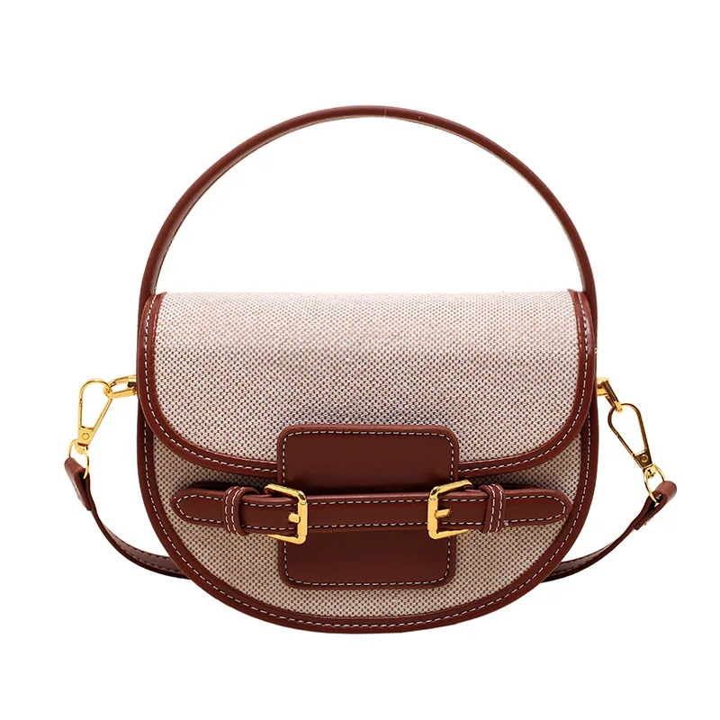 Women\'s Korean Fashion Crossbody Bag New PU Leather Canvas Spliced Bag Versatile Simple One Shoulder Bag Sewing Thread Handbag