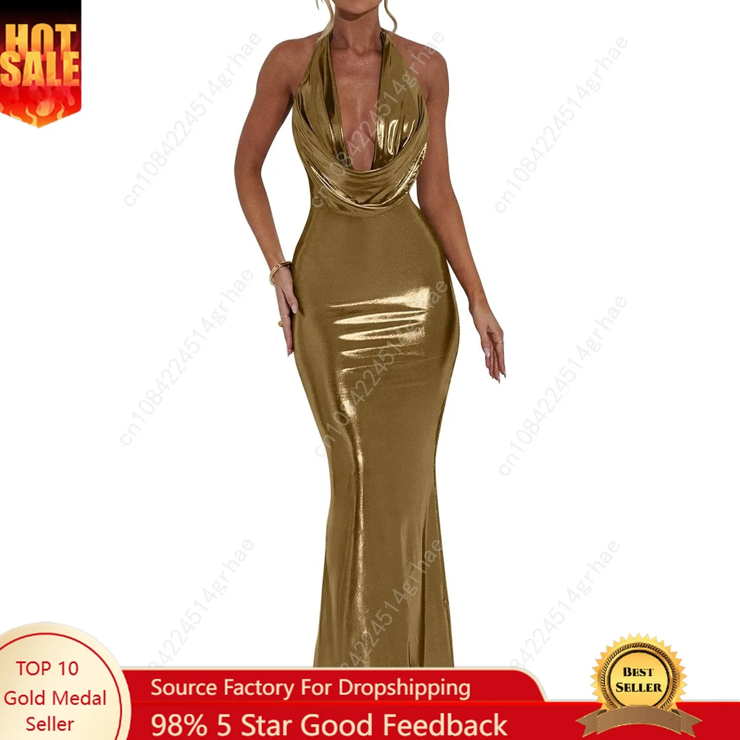 

Women's Luxury Metallic Halter Neck Bodycon Party Evening Gown Maxi Dress
