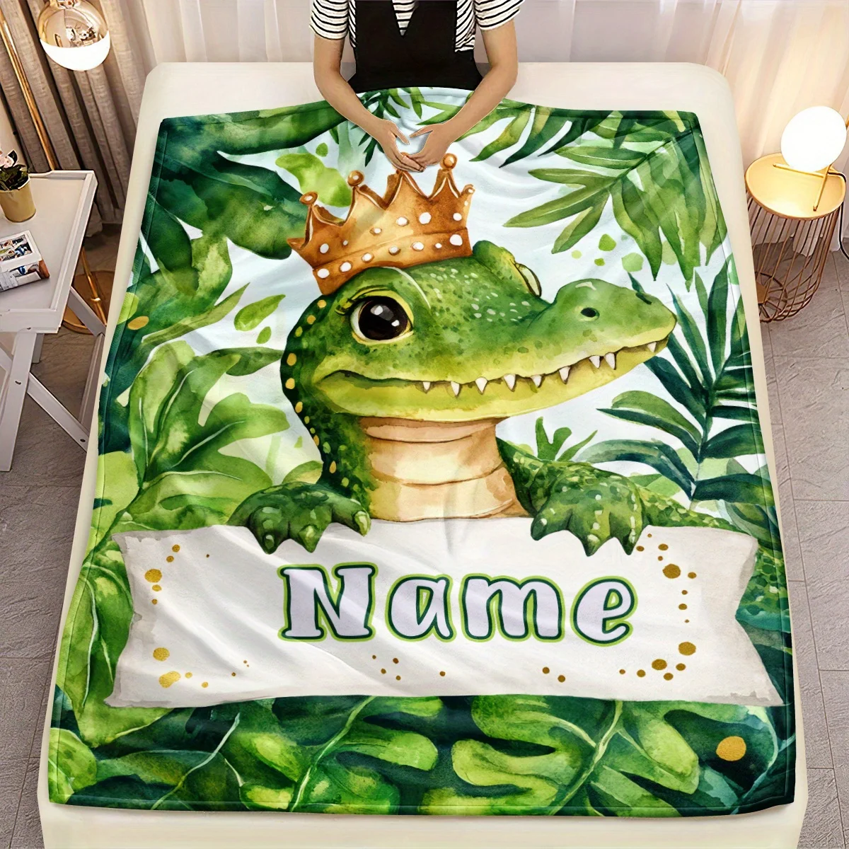 Custom Crown Crocodile Fleece Blanket Personalized Name Jungle Animal Print Throw Soft Warm All Season Bedding Gift for Boys