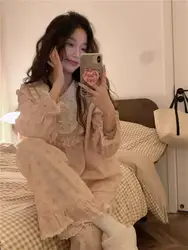 Sweet Floral Lace Trim Sleepwear Set Women's Long Sleeve Long Pants Home Clothes Spring Autumn Popular Retro Style Polyester