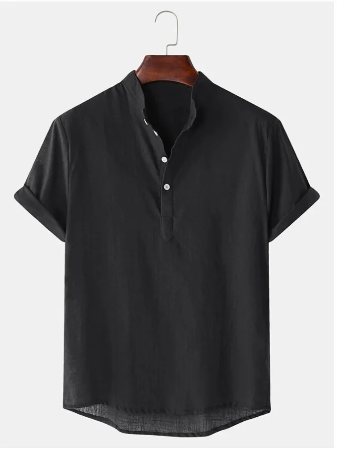 Men's Summer Linen Shirt Solid Color Stand Collar Men T-shirt Loose Buttons Short Sleeves Men Henry's Shirt Simple Style Men Top