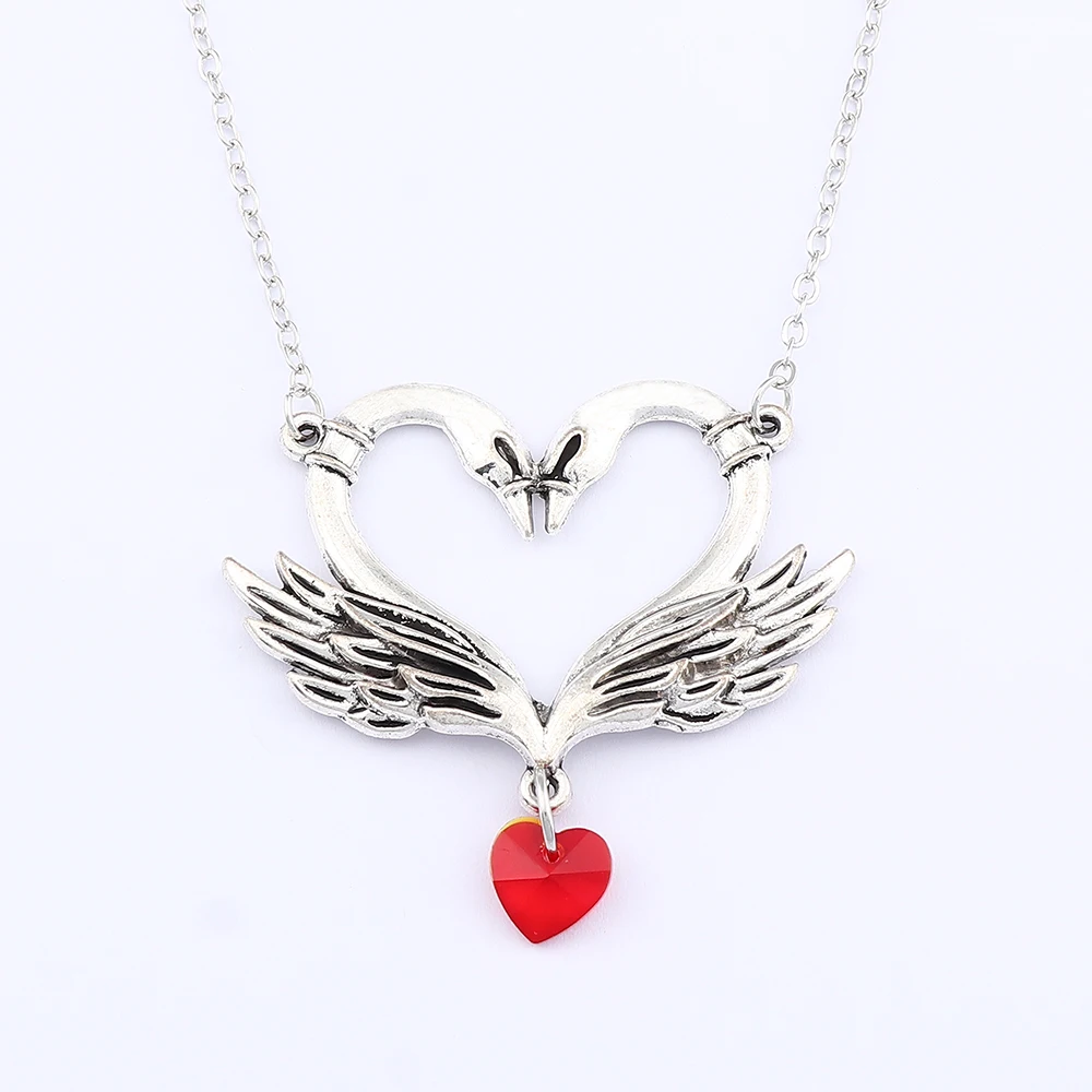 1 x Tibetan Silver Large Hollow Open Crystal Double Swan Heart Charms Pendants Necklaces on Long Link Chain Lagenlook 20