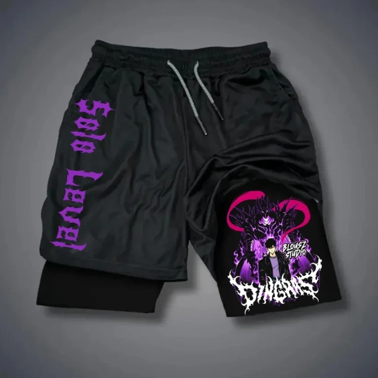 

Летние мужские новые тренировочные шорты для фитнеса с принтом Comic Solo Leveling, дышащие, впитывающие пот двойные шорты с завязками