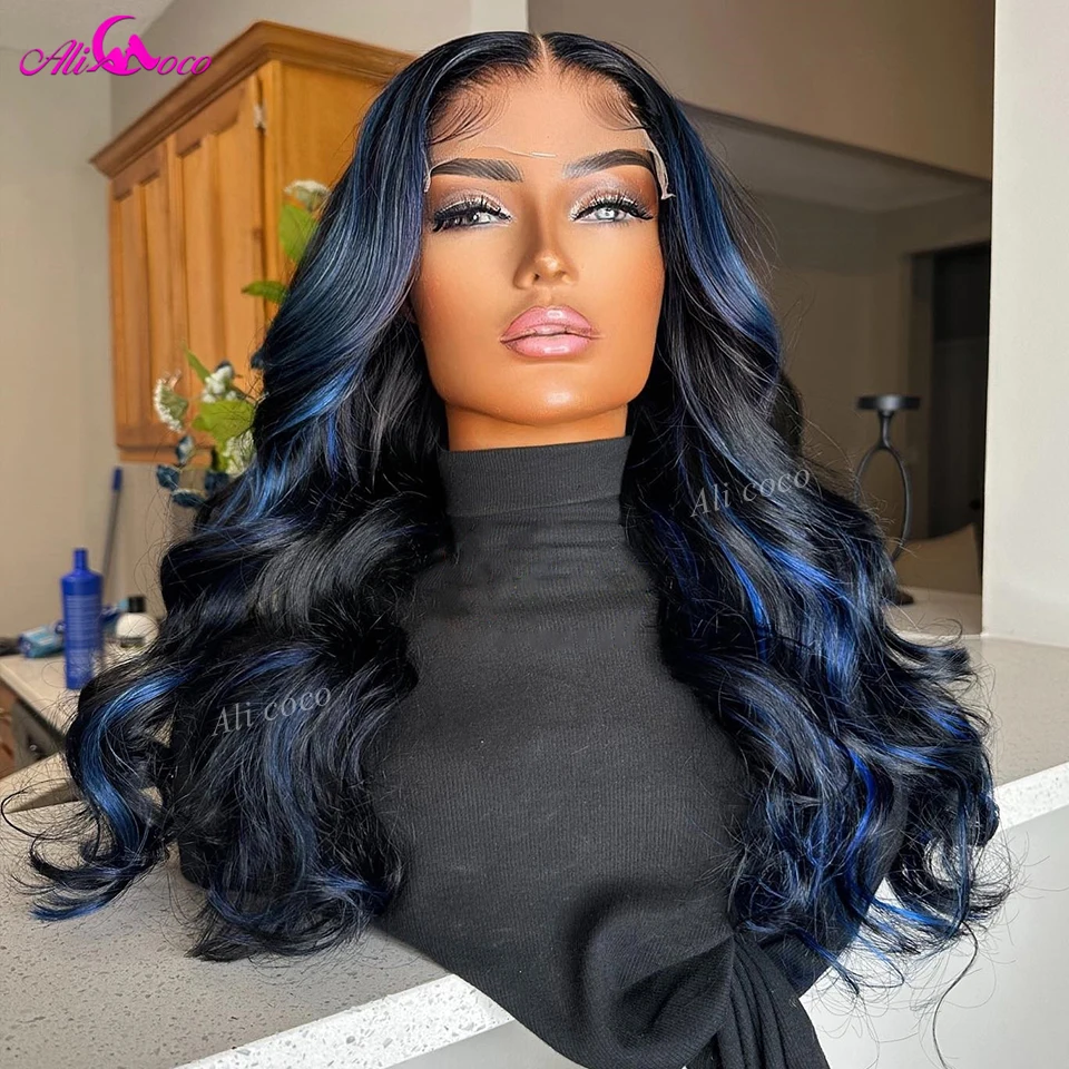 

34 36 Inch Blue Highlights Wig Body Wave 13x4 13x6 Lace Front Wigs Human Hair Wigs For Women Transparent Lace 200 Density Wigs