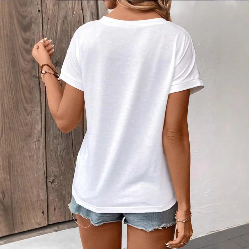 Solid Color V Neck Short Sleeve Polyester Top for Women Regular Fit Casual Top for Vacation Beach Yoga Cycling and Daily Outings