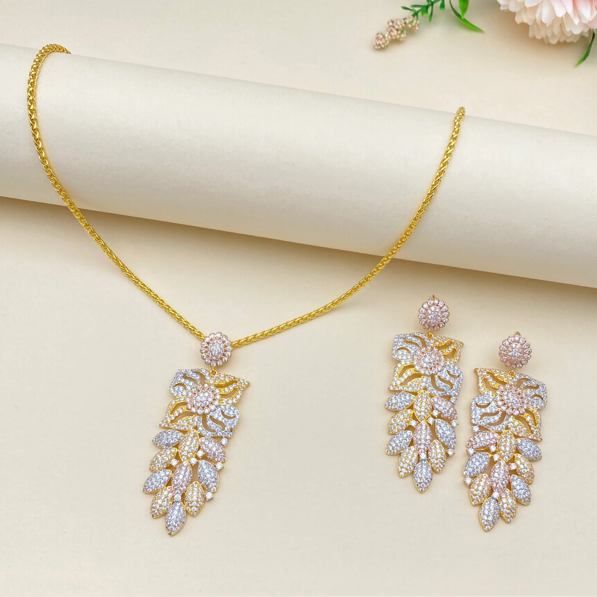 

Flora Leaf Jewelry Women Gold Plated Floral Necklace Leaf Earrings Set Colorful Zirconia Inspired Gift for Wedding