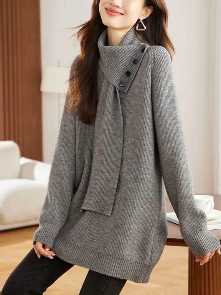 

Утепленный вязаный свитер средней длины в корейском стиле для женщин, с пуговицами, в комплекте с шарфом, теплый, для повседневной носки, длинный, S-размер