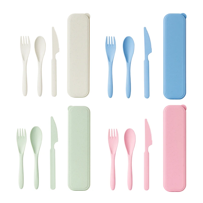 

3Pcs Wheat Straw Dinnerware Set Portable Tableware Knife Fork Spoon Eco-Friendly Travel Cutlery Utensil Box Chopsticks