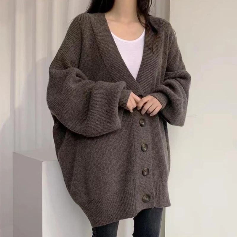 V-neck Button Up Knitted Cadigan Coat Thicked 2023 Autumn Winter Korean Vintage Lantern Sleeve Oversized Sweater Cardigan femme