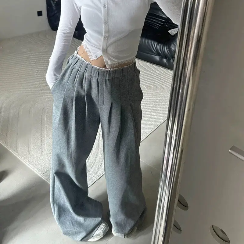 

QWEEK Vintage Baggy Grey Sweatpants Woman Sports Casual Korean Fashion Basic Wide Leg Pants America Streetwear Jogging Trousers