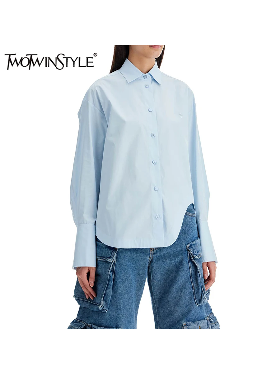 

TWOTWINSTYLE Solid Irregular Casual Loose Shirts For Women Lapel Long Sleeve Patchwork Single Breasted Minimalist Shirt Female