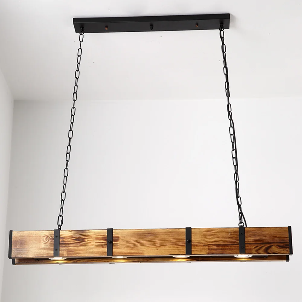 Industrial 4-Light LED Linear Rust Wood & Metal Ceiling light 12W Restaurant Warm Yellow Pendant Light