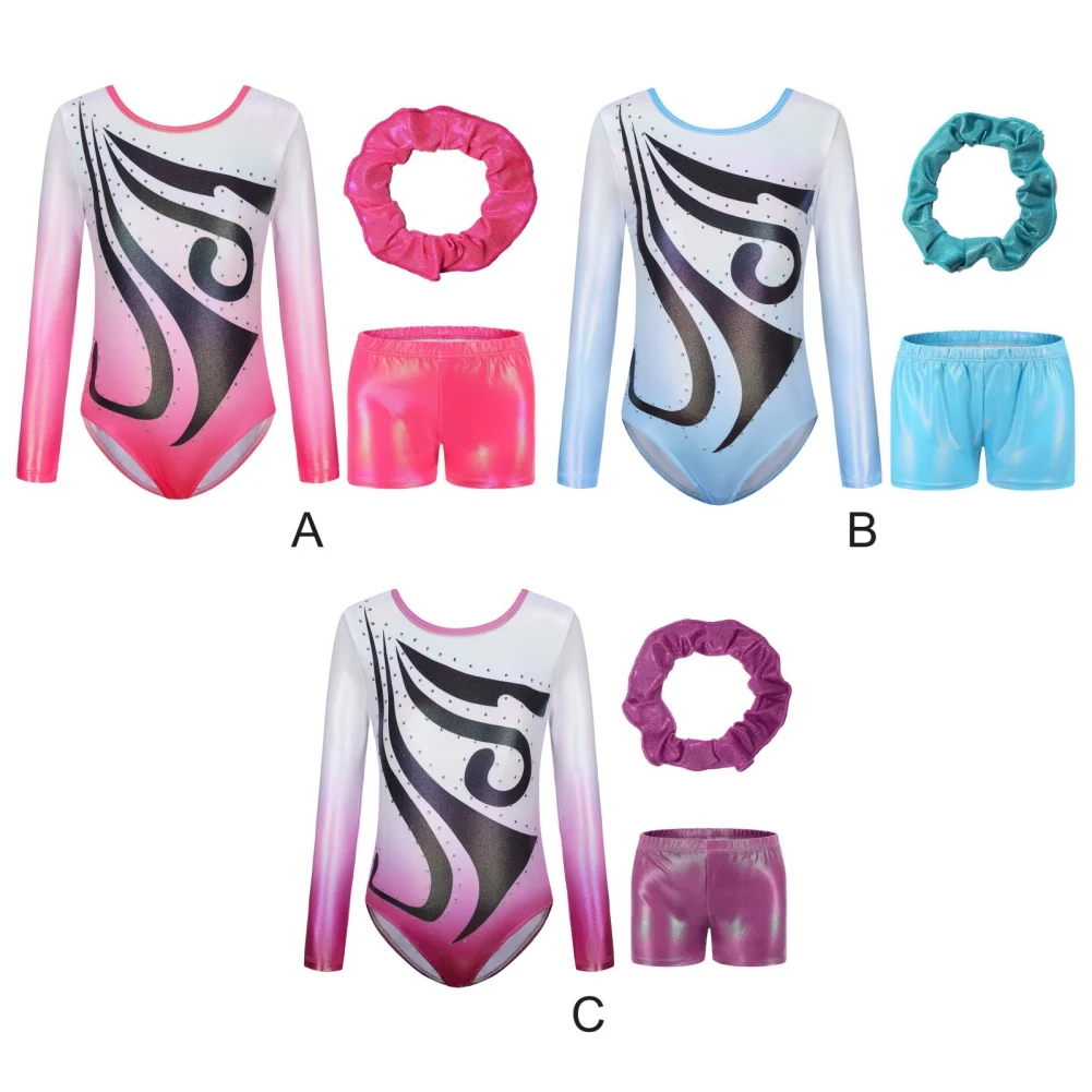 

Girls Ballet Dance Leotards Kids Gymnastic Suit With Shorts Hair Band Sparkly Tumbling Long Sleeved Bodysuit Stage Dancewear