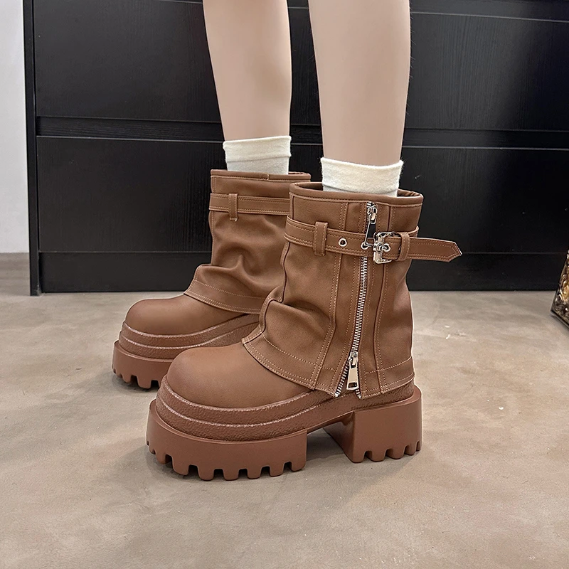 

9CM Women's Leather Chunky Heels Ankle Boots New 2025 Autumn Winter High Platform Combat Non-Slip Punk Style Motorcycle Shoes