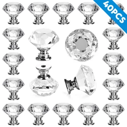 40Pcs Drawer Knobs Diamond Shaped Crystal Glass 30mm Cabinet Knobs Pull Handles (Silver)