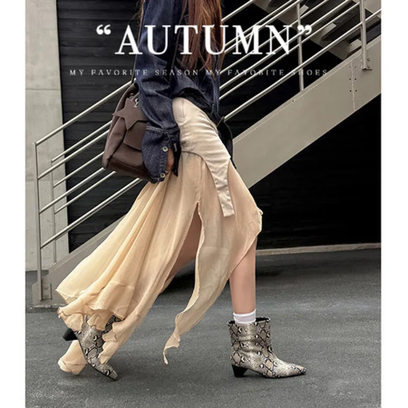 Women Slip On Ankle Boots Pointed Toe 3-5cm Chunky Heel Coated Split Cow Leather Fashion Boots Pigskin Single & Fleece LiningF51