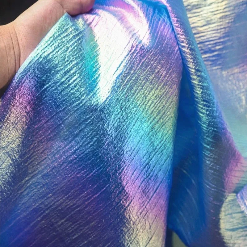 100/500cm Blue Gradient Iridescent Crinkle Gauze Fabric Lightweight Shiny Designer Cloth for DIY Half Skirt Decor Formal Dresses