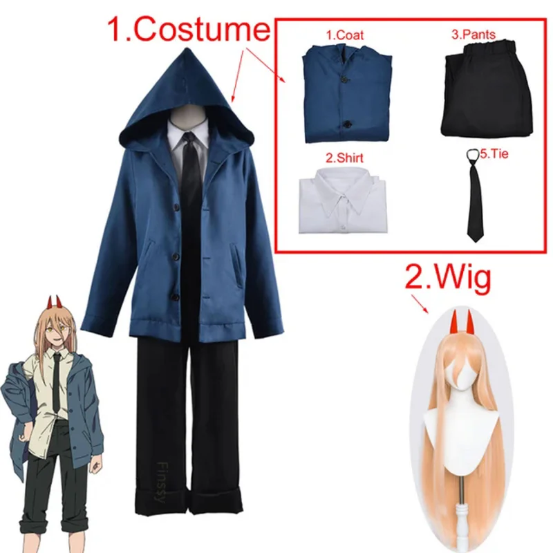 Power Cosplay Costume Halloween Anime Chainsaw Man Blood Demon Devil Horn Headgear Wig Clothing Including Tie