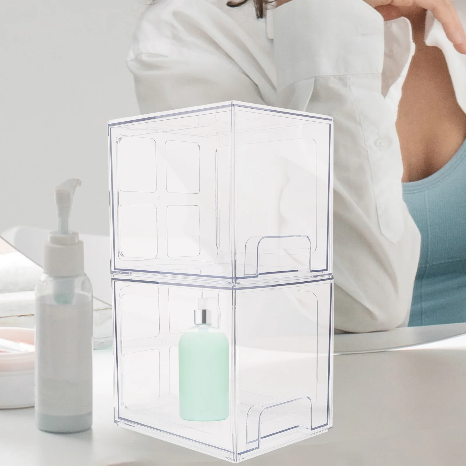

2 pcs Makeup Storage Box With Drawers Desktop Organizer Clear Pet Material Large Capacity Sturdy Tidy Box For