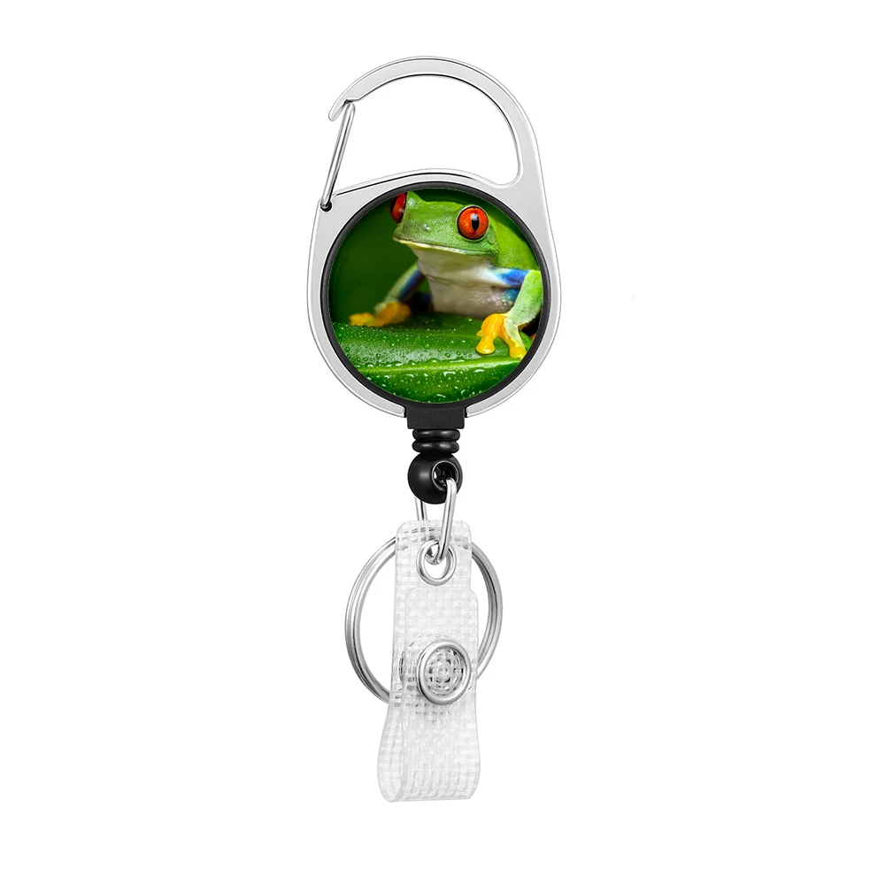 Hot selling circular Frogs pattern Easy disassemble Zinc alloy badge automatic scroll easy pull buckle keychain