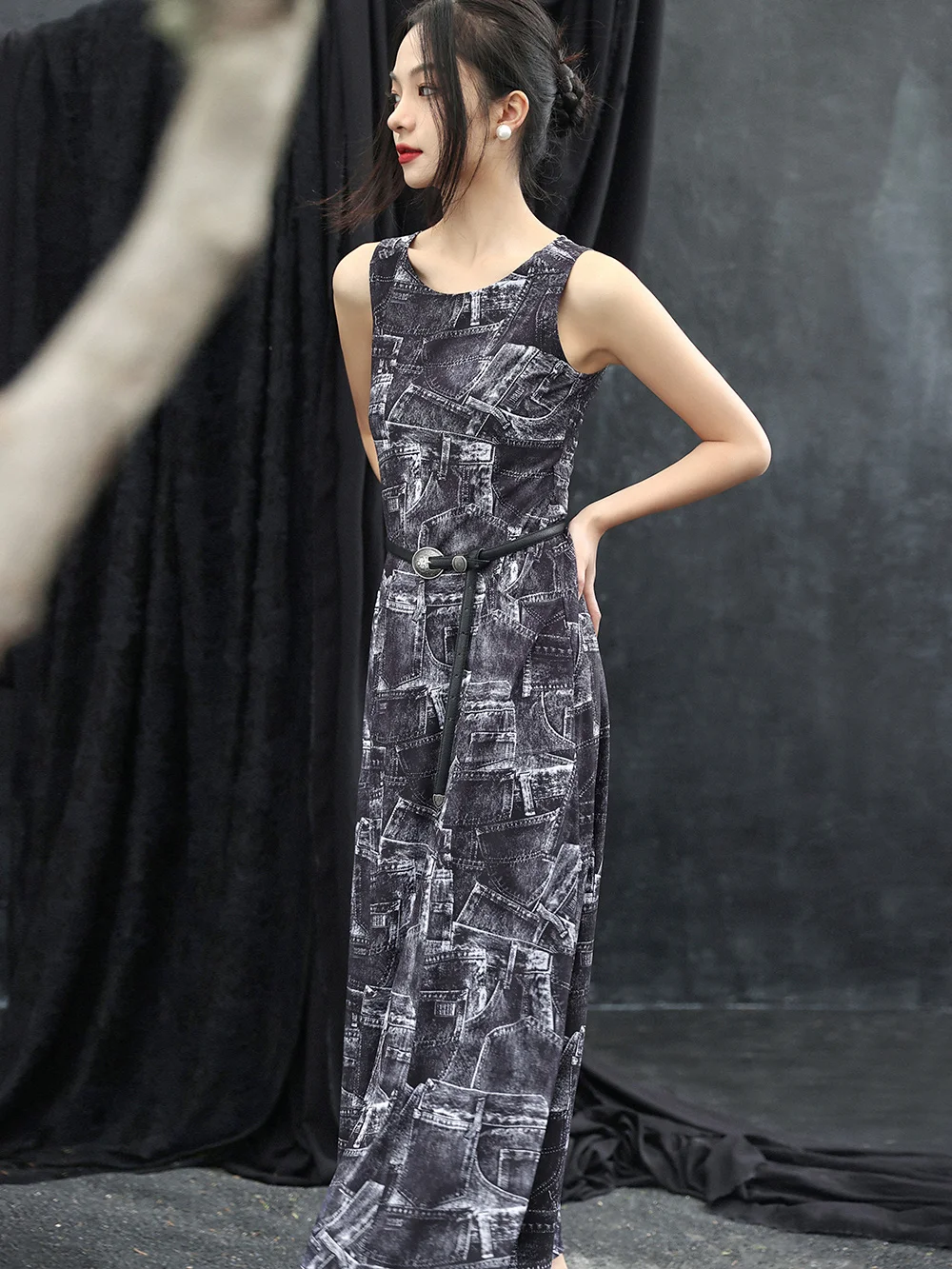 Cool Vest Dress Women's Black Gray Printing round Neck Sleeveless Elastic Net Long Skirt