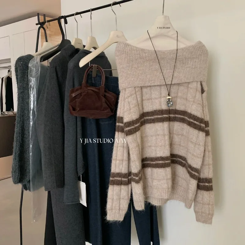 مزاجه واحد الكتف التباين سترة مخططة المتخصصة تنوعا عارضة مخطط فضفاض الكورية نمط السترة #2