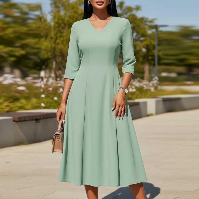 

Элегантные женские платья ZANZEA миди с расклешенным подолом, рукавом 3/4, V-образным вырезом, однотонные, А-силуэт, с молнией сзади, летняя женская одежда