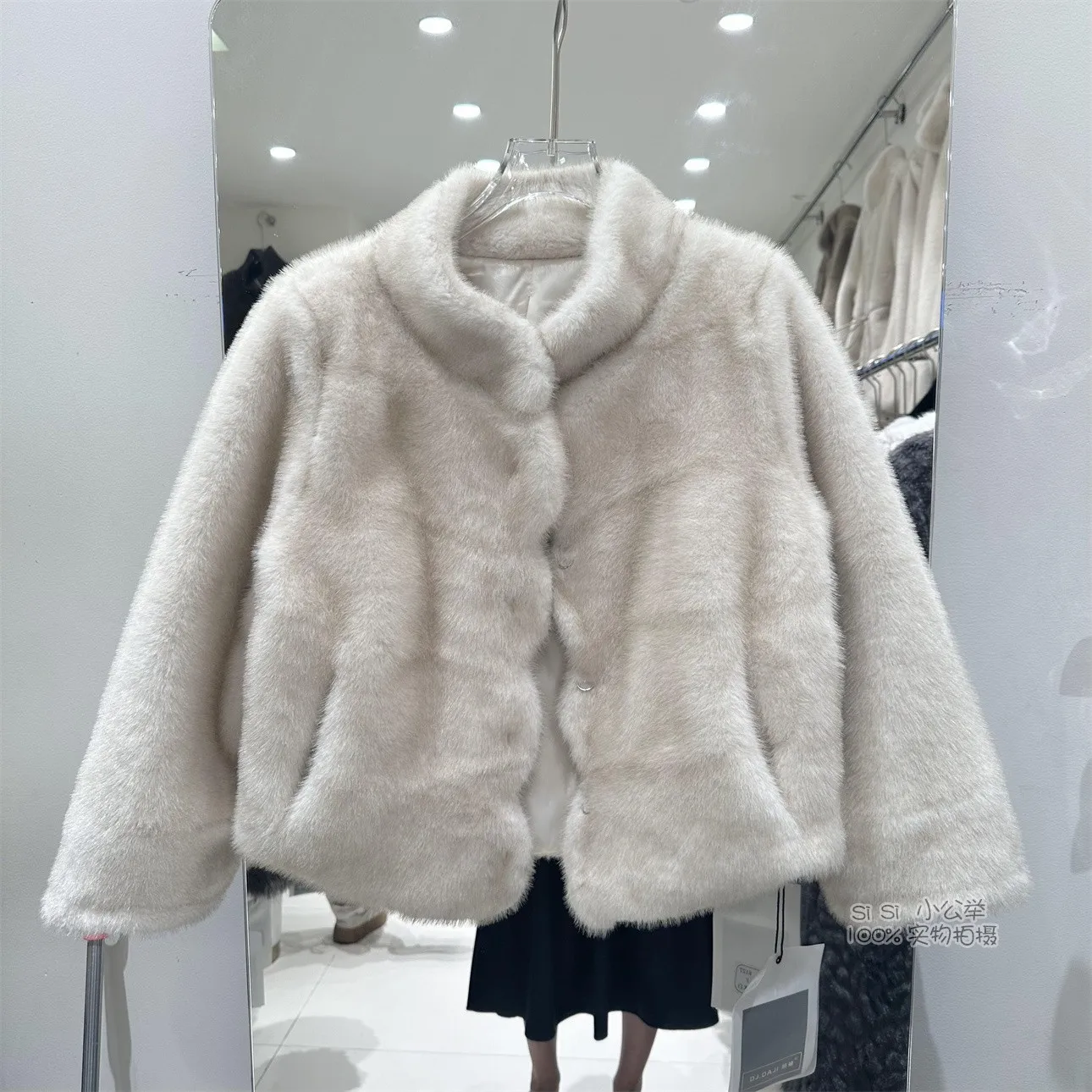 Women's Autumn Winter Faux Mink Hair Long Sleeve Single Breasted Loose Coat Lady Elegant Stand Collar Warm Faux Fur Outwear