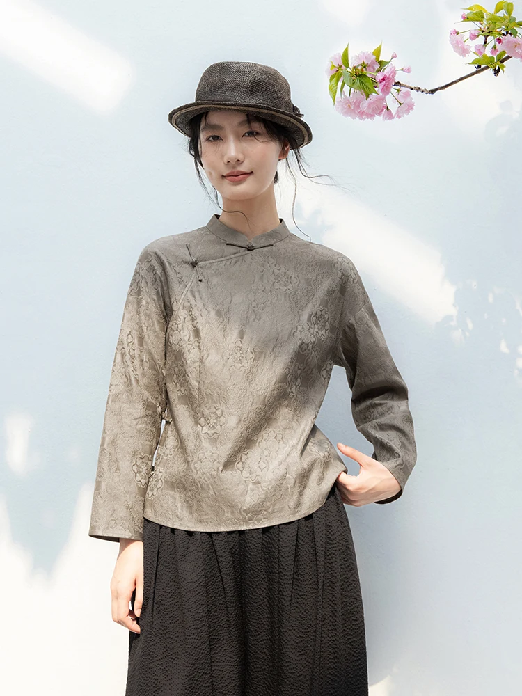 

New Le Collection Silk Cotton Blend Long Sve Slim Fit irt Hazelnut Brown ey Summer Chinese Sle Women's Busin Ca...