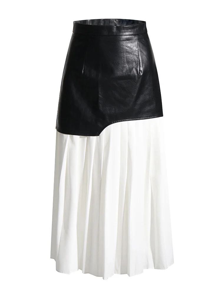 ROMISS Solid Casual Patchwork Leather Skirt For Women High Waist Spliced Folds Temperament Skirts Female Fashion Style