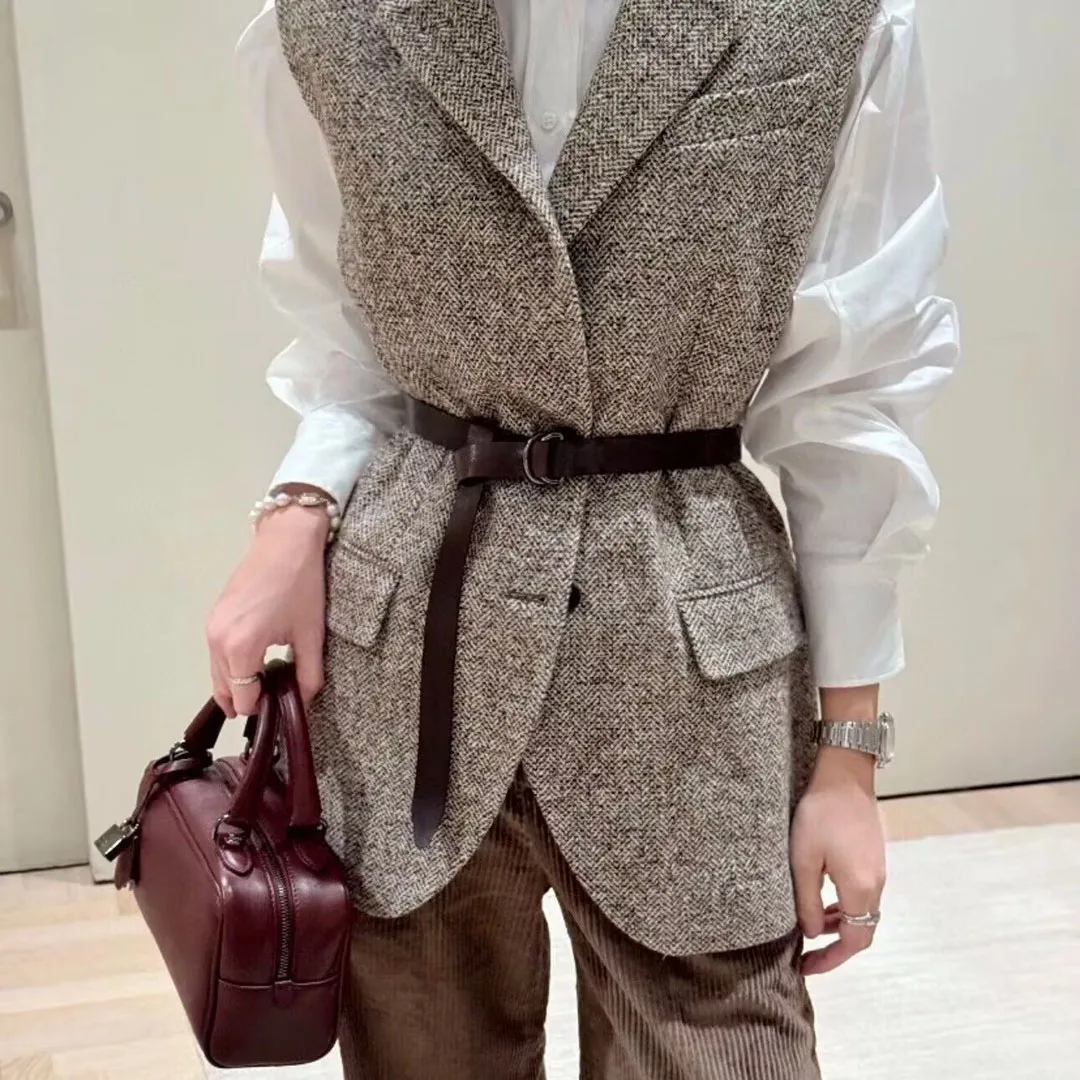 Old Money Style Office Lady Wool Blends Blazer Vest Women Suede Sheepskin Leather Notched Sleeveless Elegant Retro Tank Jacket