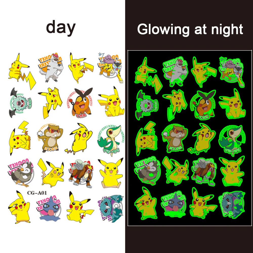 Pokemon Pikachu Luminous Tattoo Stickers Toy Children Arm Face Glowing Temporary Cartoon Tattoos Kids Reward Gift Funny Graffiti