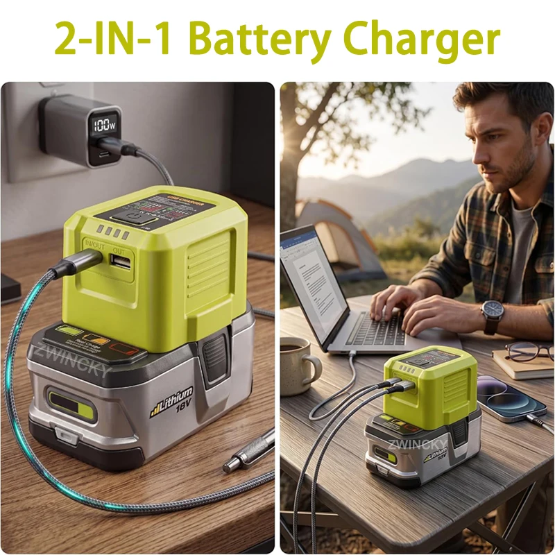 for Ryobi 18V Battery 2-IN-1 Charging Adapter With USB Type-C Port Bidirectional Charging Adapter for Travel Camping Emergency